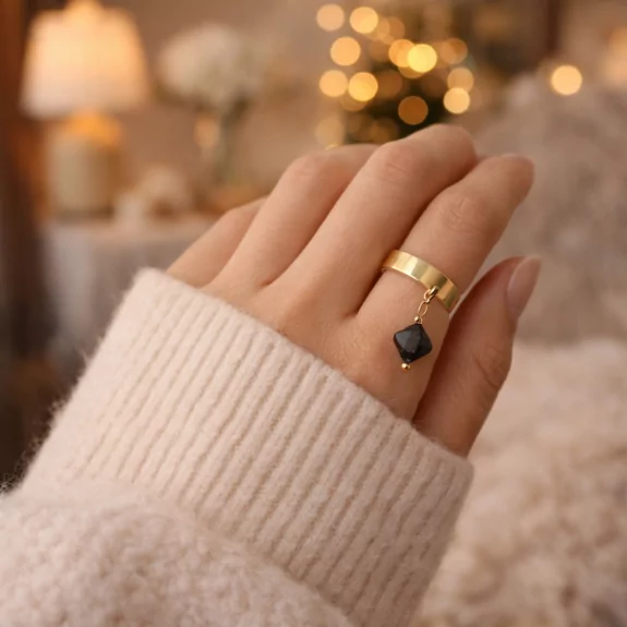 Bague acier inoxydable avec pampille en pierre véritable