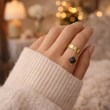 Bague acier inoxydable avec pampille en pierre véritable