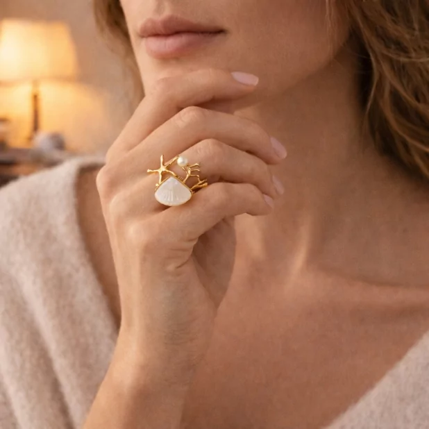 Bague dorée acier coquillage mer