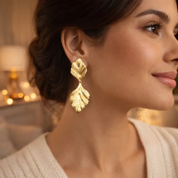 Boucles d'oreilles acier feuille pendante
