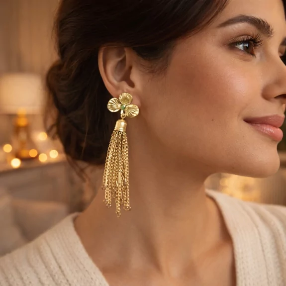 Boucle d'oreille acier - fleur et pampilles chaines