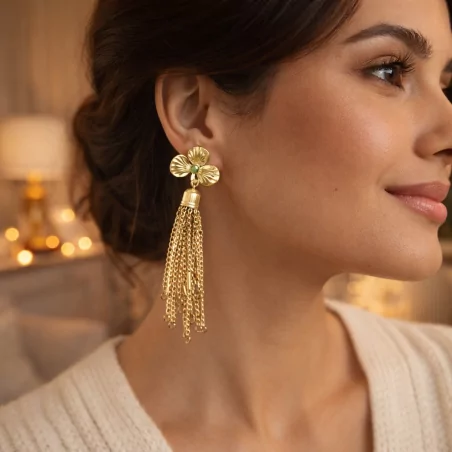 Boucle d'oreille acier - fleur et pampilles chaines