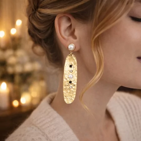 Boucle d'oreille acier -pendante perlée