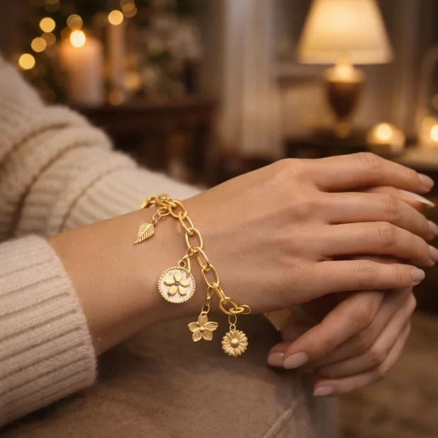 Bracelet breloques trèfle et fleurs