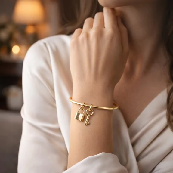 Jonc en acier inoxydable pendentif clef et cadenas