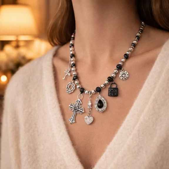 Collier argenté breloques croix