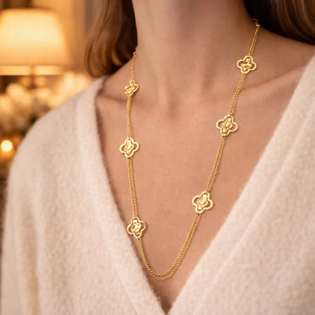 Sautoir doré en acier - fleur