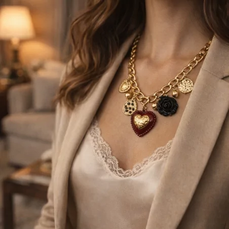 Collier acier coeur et camélia