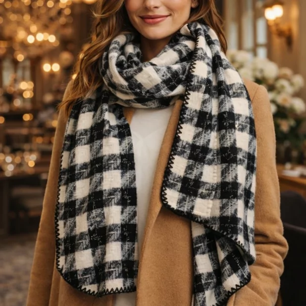 Echarpe laine carreaux avec fil lurex doré