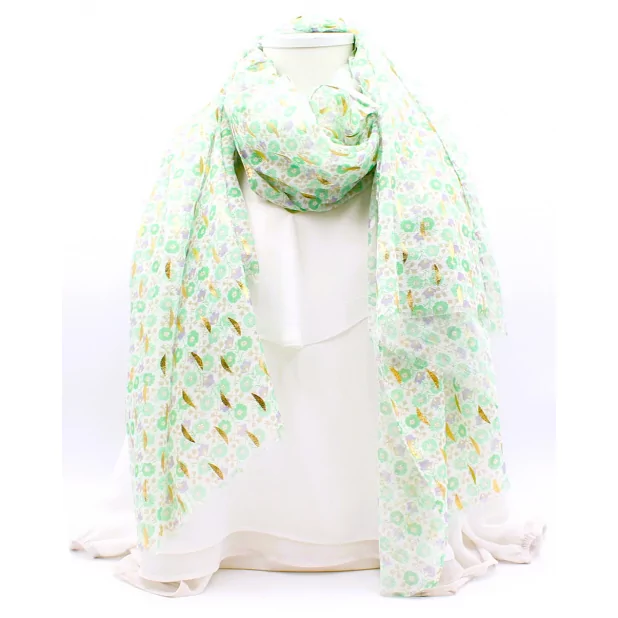 Écharpe Femme Florale à Feuilles Dorées