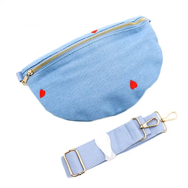 Pochette Banane Femme en Coton Effet Jean – Cœurs Rouges Brodés