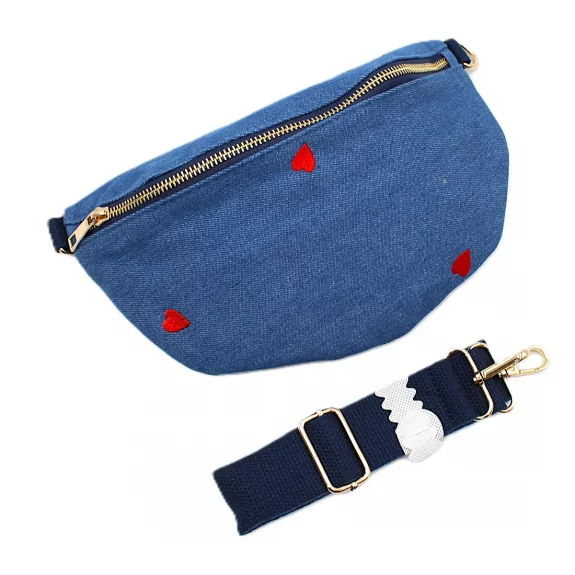 Pochette Banane Femme en Coton Effet Jean – Cœurs Rouges Brodés