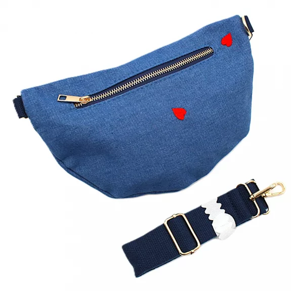 Pochette Banane Femme en Coton Effet Jean – Cœurs Rouges Brodés