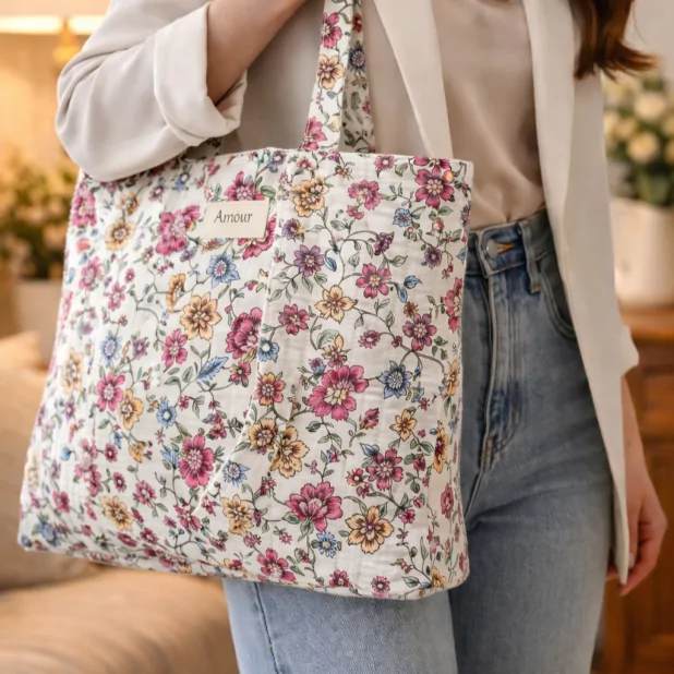 Tote bag en coton floral message AMOUR