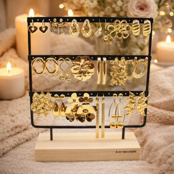 Pack de 18 boucles d'oreilles acier - DORE