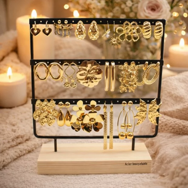 Pack de 18 boucles d'oreilles acier - DORE