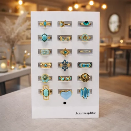 Pack 18 bagues acier inoxydable - TURQUOISE