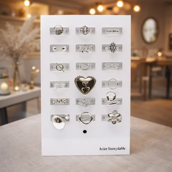 Pack 18 bagues acier inoxydable - argenté