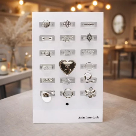 Pack 18 bagues acier inoxydable - argenté