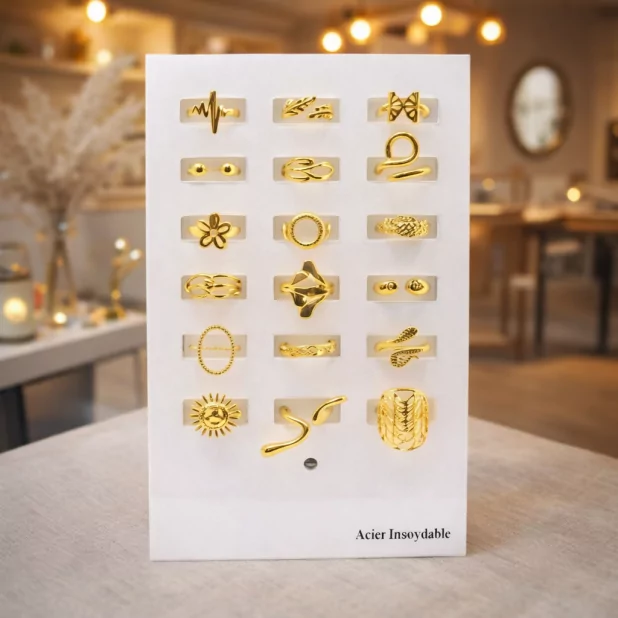 Pack 18 bagues acier inoxydable - doré