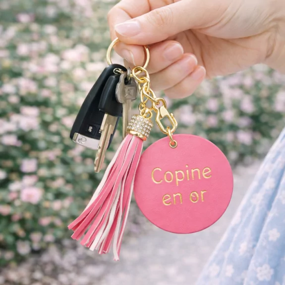 Porte clefs avec message copine en or
