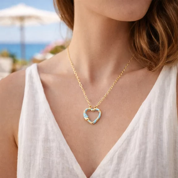 Collier acier pendentif coeur émaillé