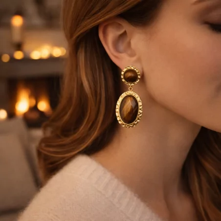 Boucle d'oreille acier - cabochon pierre