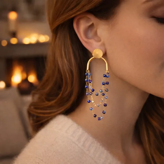 Boucle d'oreille acier - pampilles bleues