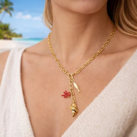 Collier acier doré coquillage et poisson