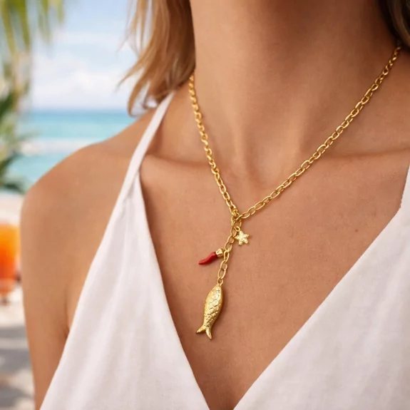 Sautoir doré poisson et piment