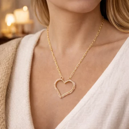 Collier acier motif coeur perlé