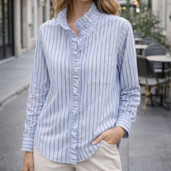 Chemise femme à rayures col officier avec volant