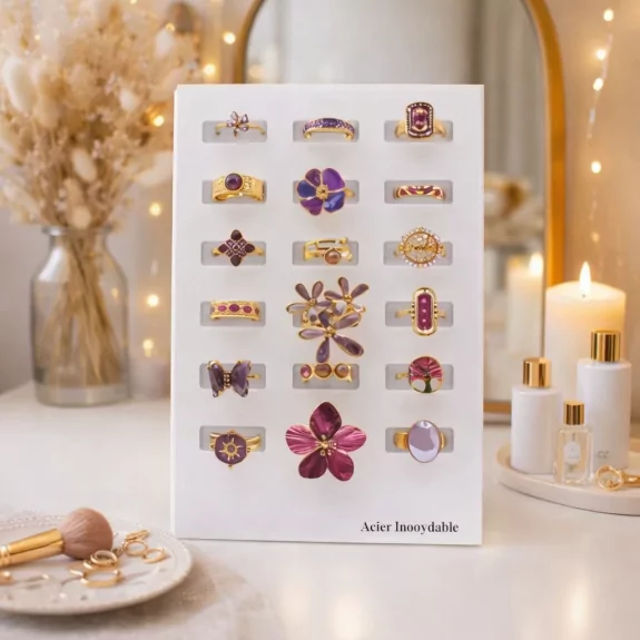 Pack 18 bagues acier inoxydable - VIOLET