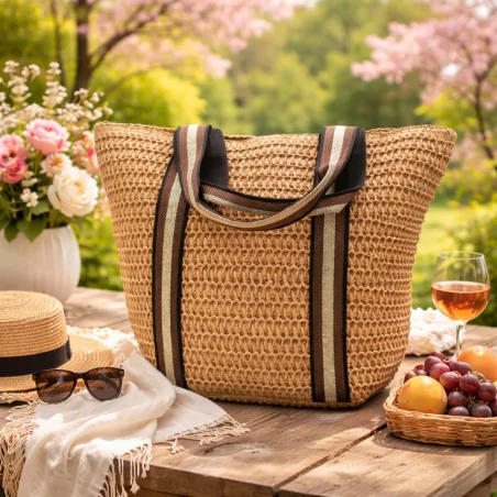 Sac à main effet paille avec deux bandes dorées