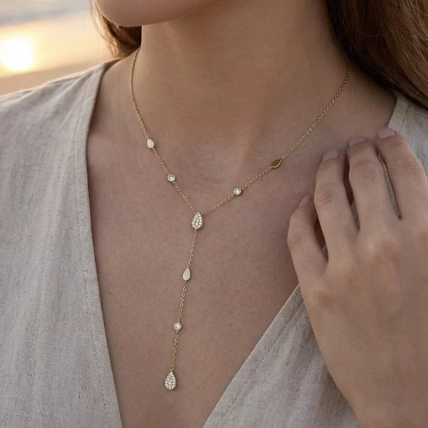 Collier Y acier inoxydable avec pampilles goutte et strass