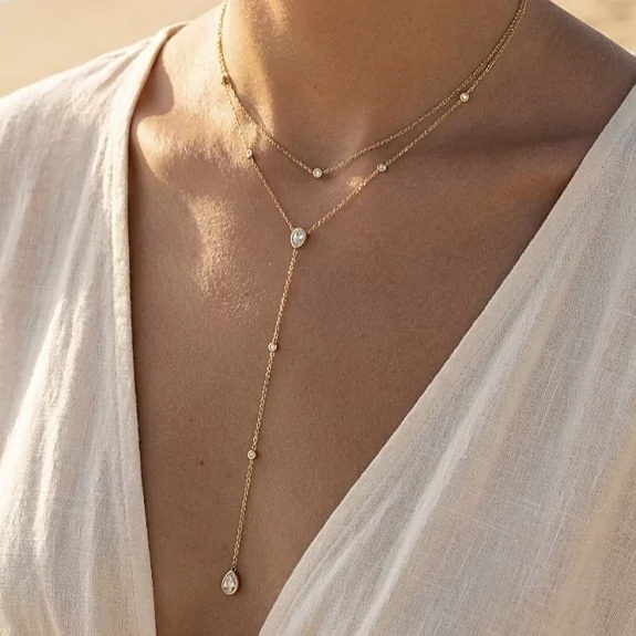 Collier double rang cascade goutte – Acier inoxydable