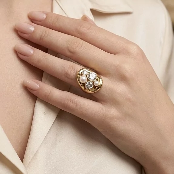 Bague large perles & strass – Acier inoxydable