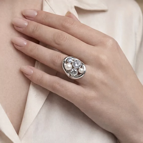 Bague large perles & strass – Acier inoxydable