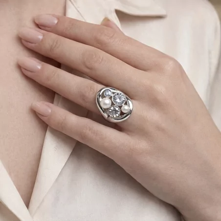 Bague large perles & strass – Acier inoxydable