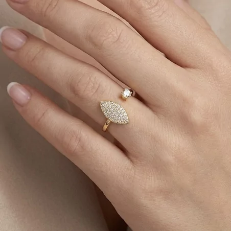 Bague feuille pavée strass – Acier inoxydable