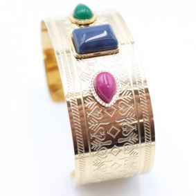 Bracelet manchette acier inoxydable 3 cabochons bleu et multi