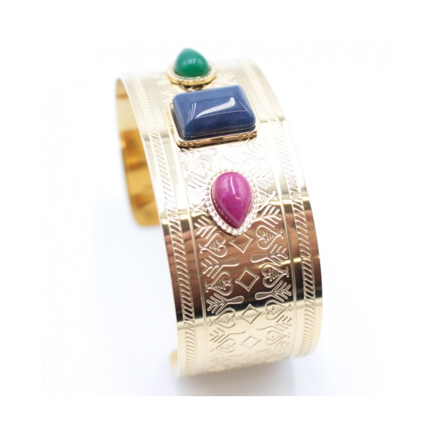 Bracelet manchette acier inoxydable 3 cabochons bleu et multi