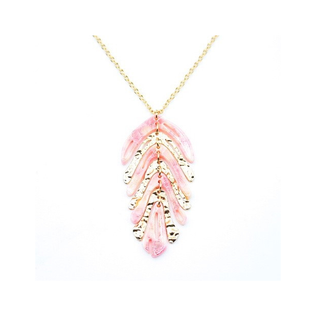 Sautoir acier avec pendentif feuille de couleur