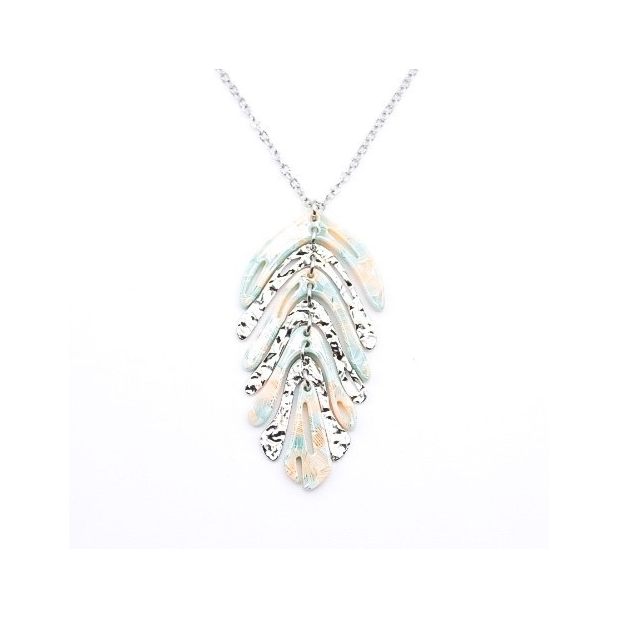 Sautoir acier avec pendentif feuille de couleur