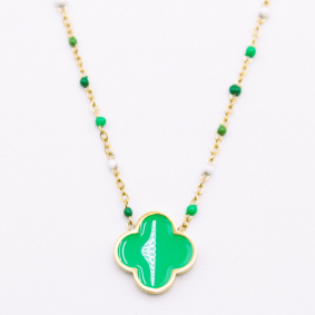 Collier Tendance Acier, Perles multi Et Trèfle