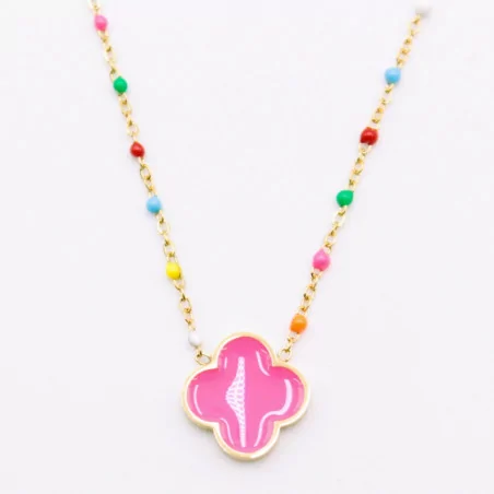 Collier Tendance Acier, Perles multi Et Trèfle